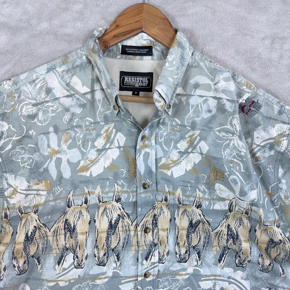 Resistol Rodeo Gear Vintage 90s Western Shirt Men's Medium Horse Print Americana
